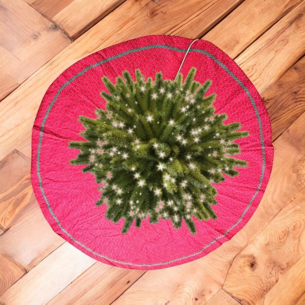 VINTAGE HANDMADE Christmas Tree Skirt Poinsettia Red Green 48” FAST SHIPPING